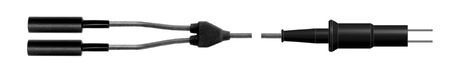 ЕН331 Кабель для подключения биполярных электродов. Инструментальная часть - подключение ножниц Ethicon с двумя штекерами 2,4 мм. Аппаратная часть - два плоских контакта (ФОТЕК). Длина кабеля - 3 м